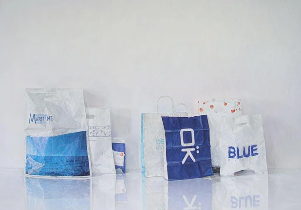 Sabine Christmann — Sabine Christmann, blaue Tüten, 140 x 200cm, Öl-Lwd., 2014