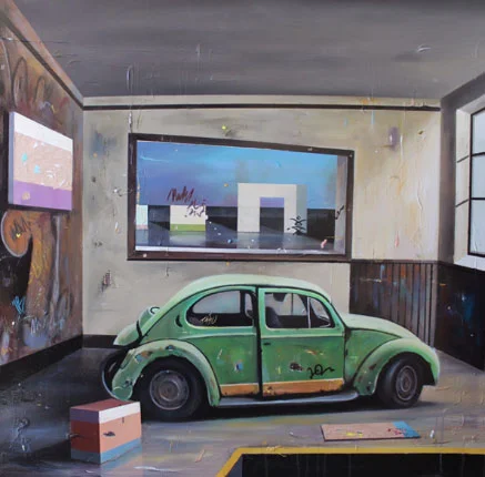 Igor Taritaš — Igor Taritaš, Old car in room 2, acrylic on wood, 110 x 110 cm