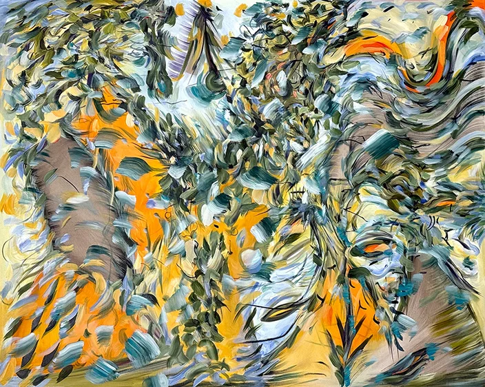 Naomie Kremer, Holotrope, 2026 — Ölgemälde in Blau, Grün, Gelb und Orange
