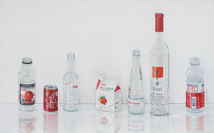 Sabine Christmann — Sabine Christmann, Flaschen mit Erdbeermilch, 50 x 80cm, Öl-Lwd., 2016