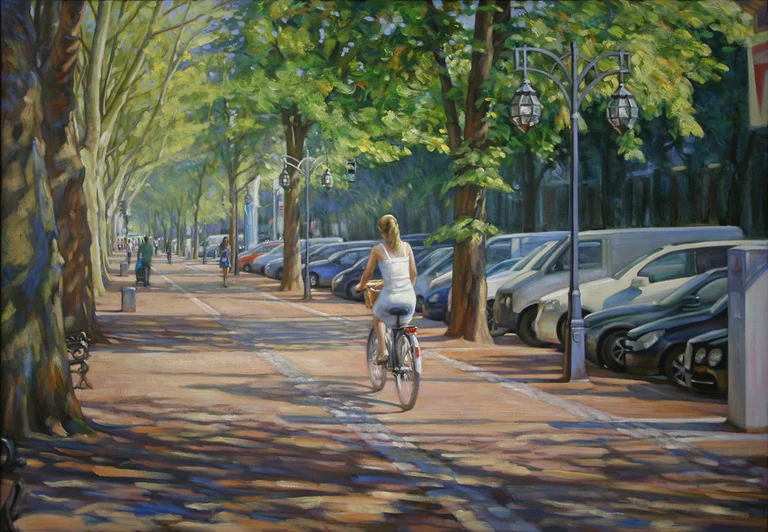 ZHOU, Xin — Zhou, Xin Sonnige Allee, Öl auf Leinwand, 90x130cm (gerahmt), 2024, Preis auf Anfrage