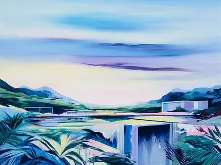 Dorothee Liebscher, Landschaft mit dunklem tropischem Laub, hellen geometrischen Bauten und weitem Himmel in Blau, Türkis und Violett