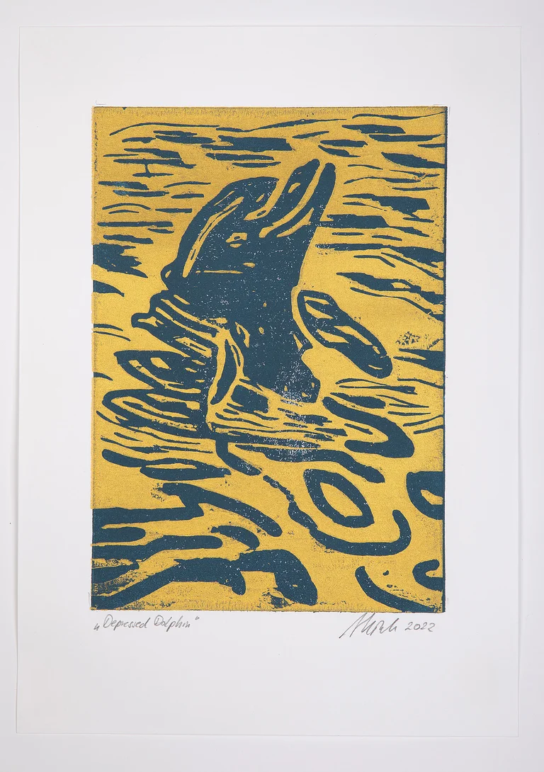 Anne-Katrin Puchner — Depressed Dolphin / 2022 / Mixed Media / Din A 3 Preis auf Anfrage