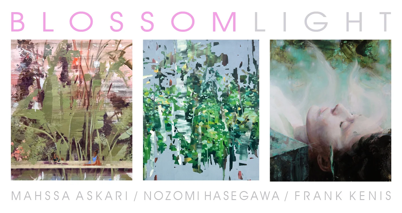 Einladung zur Ausstellung BLOSSOM LIGHT mit drei Gemälden und den Namen Mahssa Askari, Nozomi Hasegawa und Frank Kenis