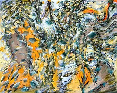 Naomie Kremer, Holotrope, 2026 — Ölgemälde in Blau, Grün, Gelb und Orange