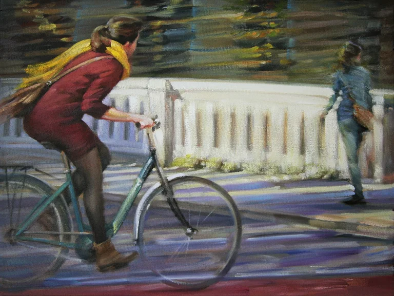 ZHOU, Xin — Zhou, Xin, In the city (gelber Schal) Öl auf Leinwand 30x40 cm. Preis auf Anfrage